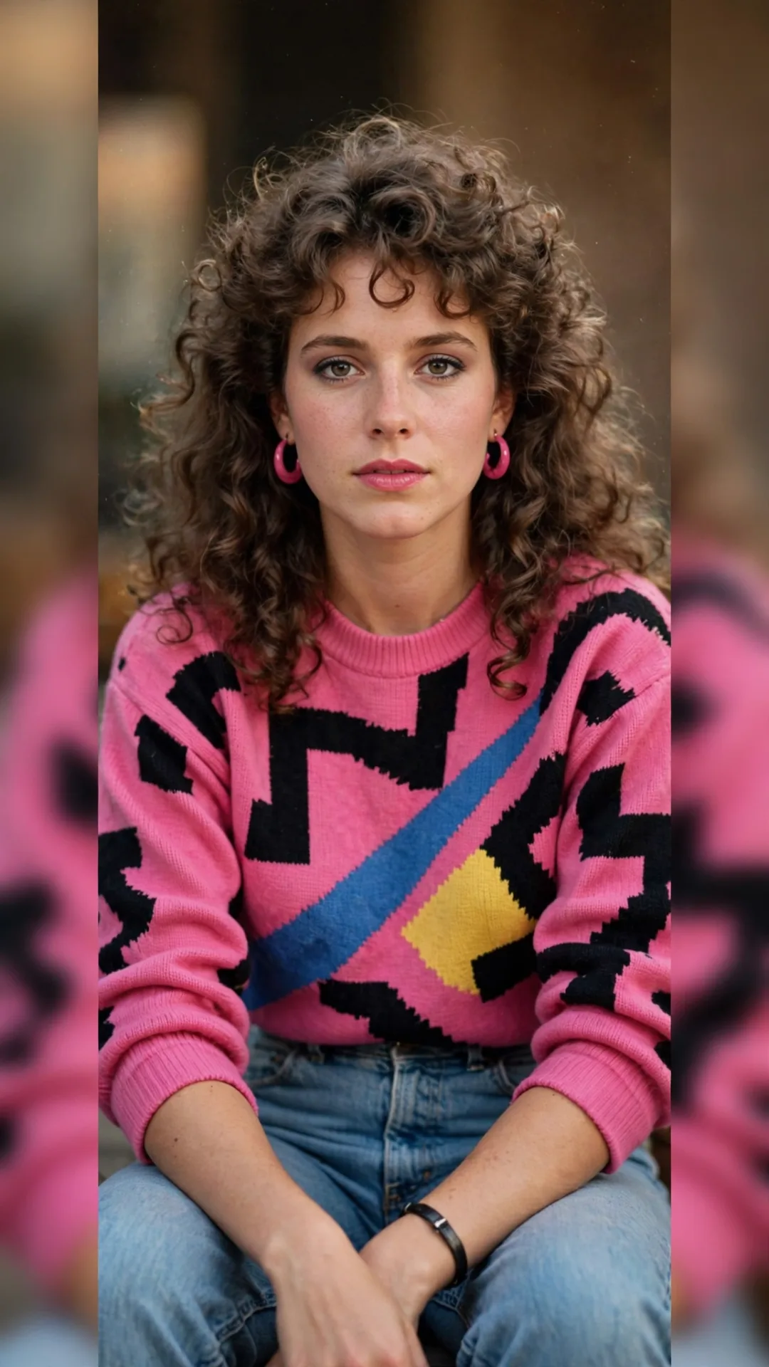 Vintage 1980s fashion portrait, young woman with curly hair wearing pink geometric patterned sweater, blue jeans and pink hoop earrings,