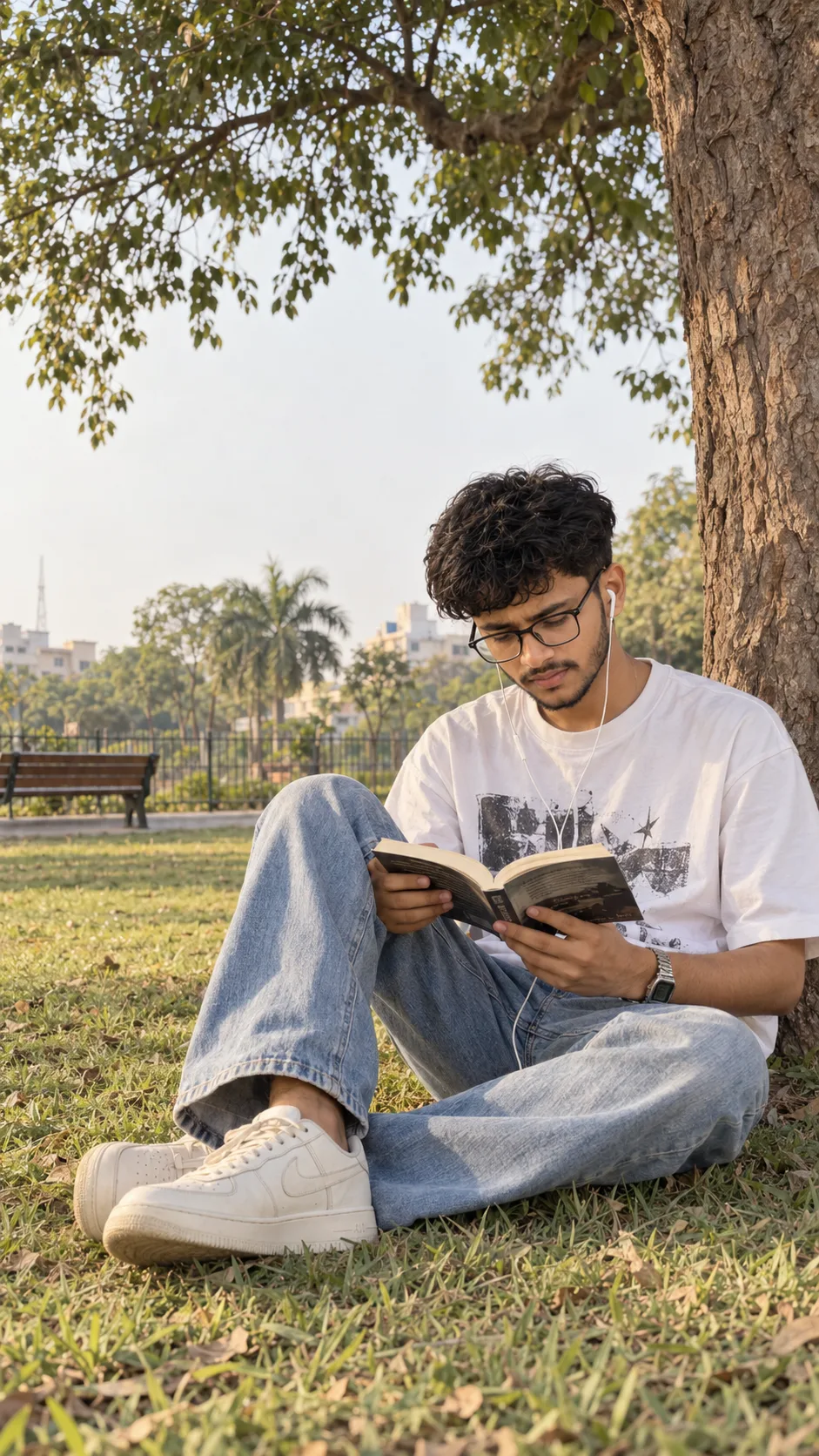 Ultra-realistic professional DSLR photograph of a slim young South Asian man sitting casually on dry green grass beneath a large mature
