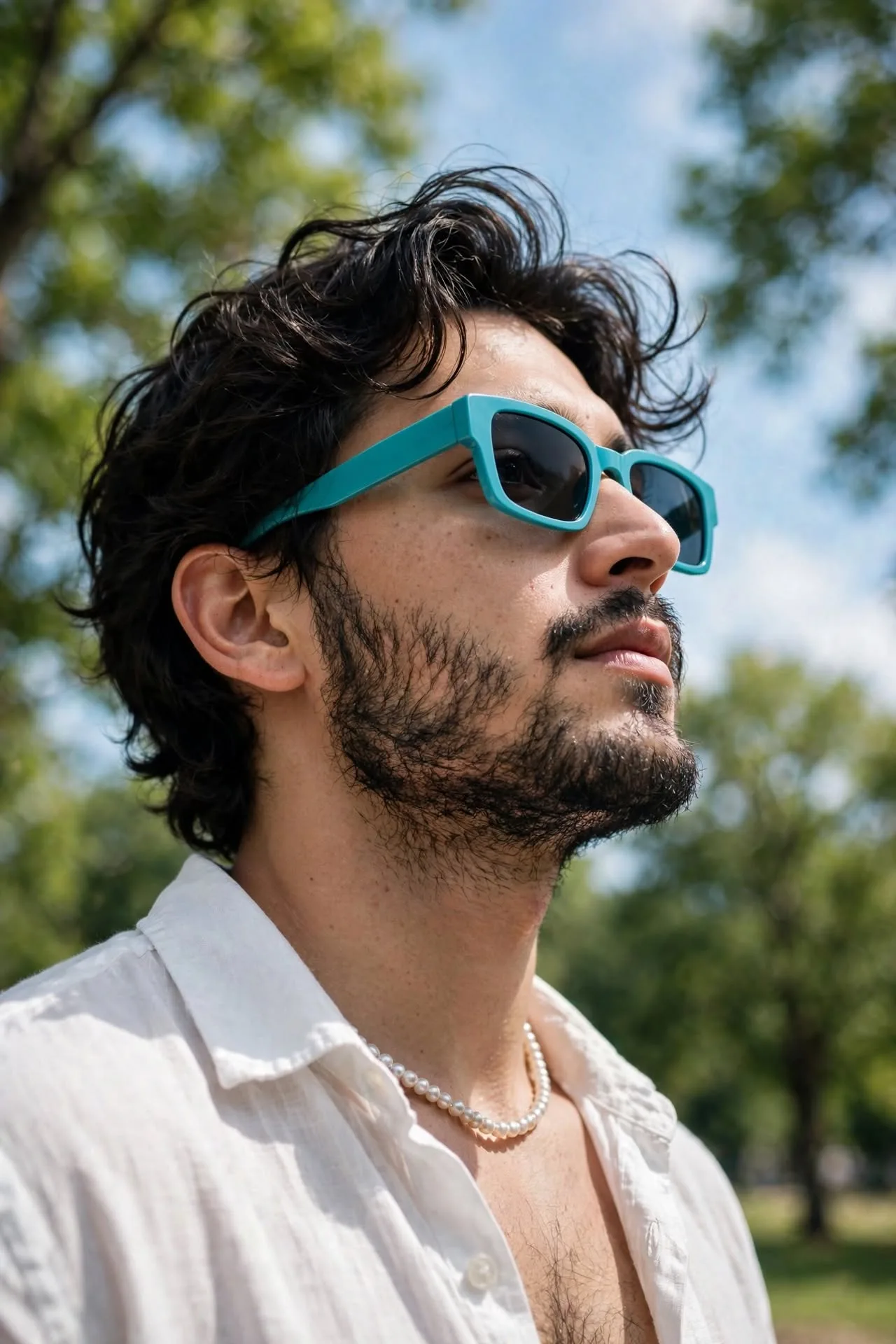 Close-up low-angle outdoor portrait, young man with wavy dark hair and beard wearing turquoise rectangular sunglasses, white open shirt and