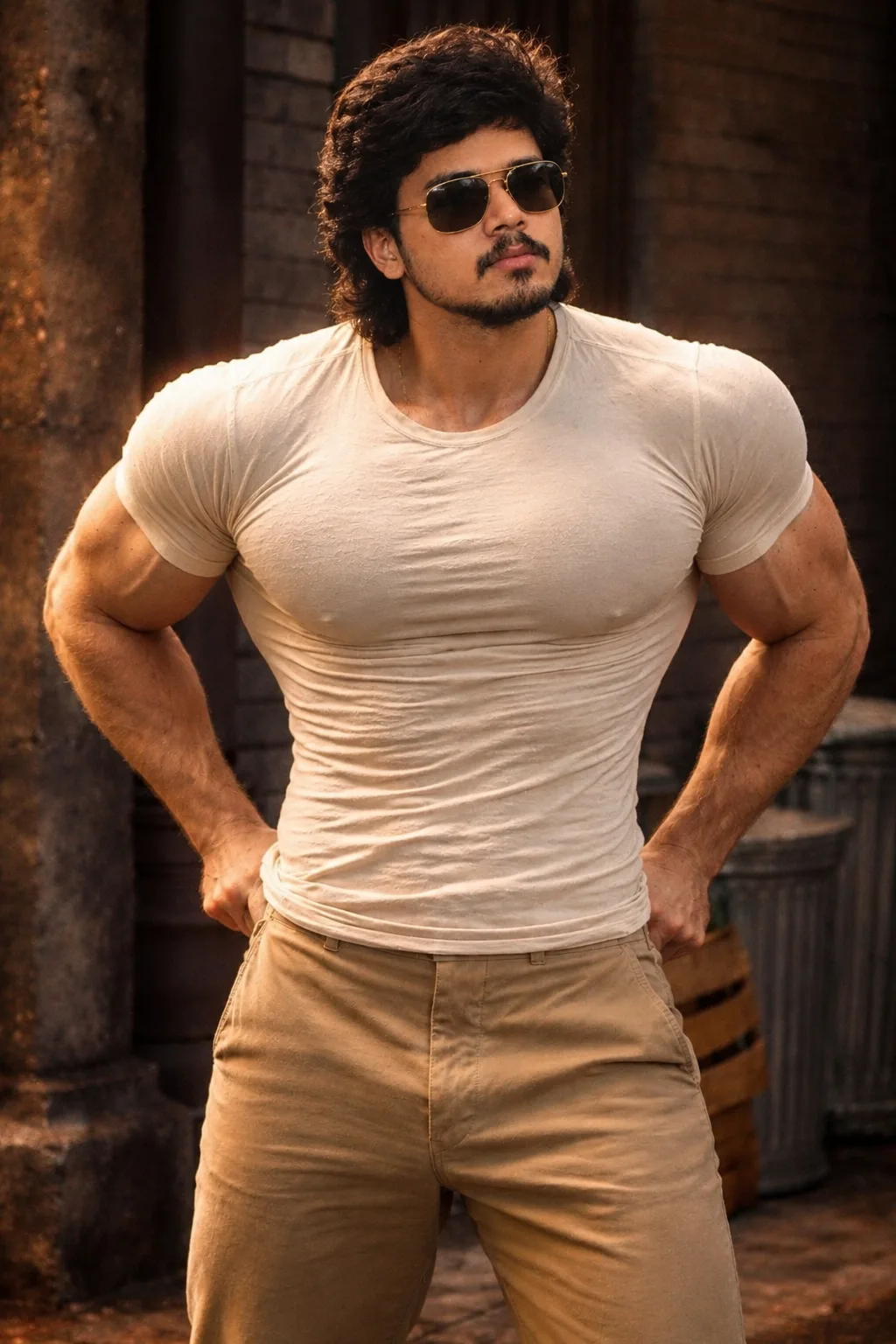 Create an ultra-realistic cinematic portrait of a young muscular man standing confidently in an industrial vintage setting.