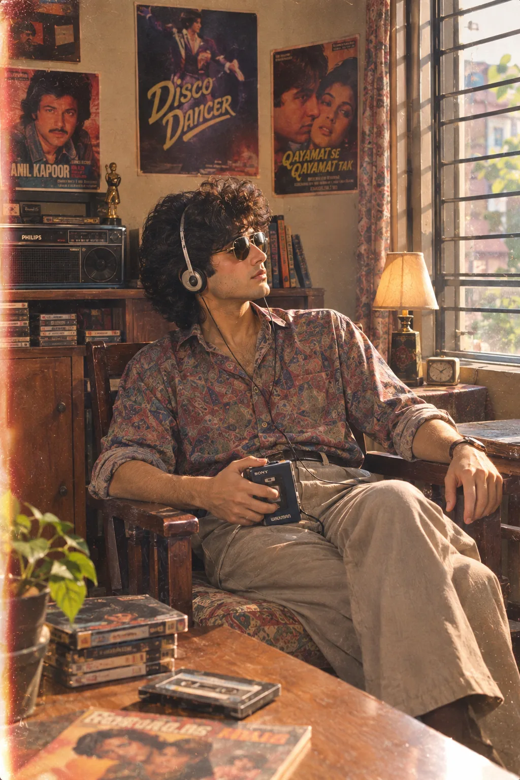 Photorealistic cinematic 1980s Indian interior scene featuring a young person sitting casually in a vintage room, listening to music