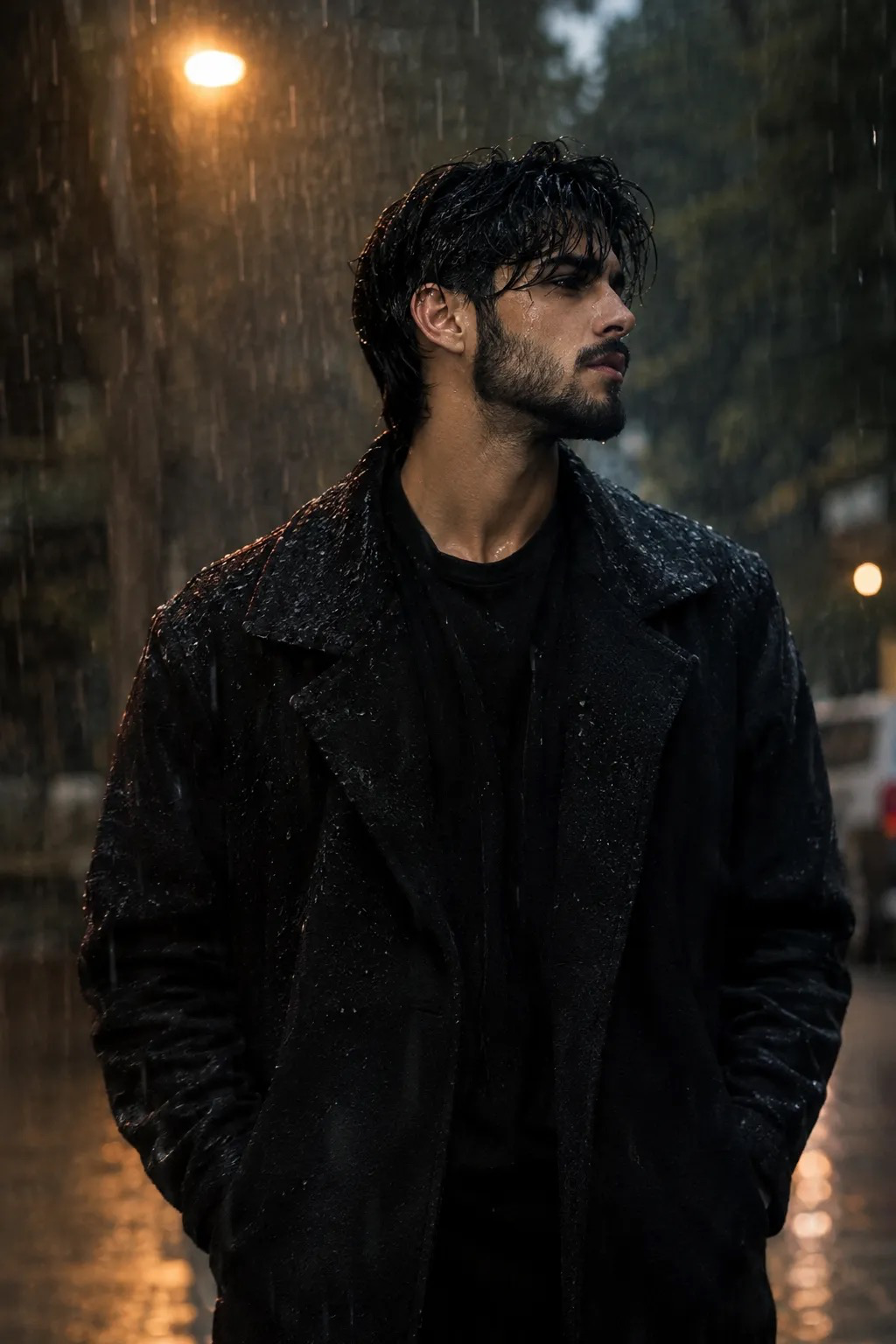 Ultra-realistic cinematic portrait of a young man standing confidently in heavy rain at dusk, sharp defined jawline, well-groomed full