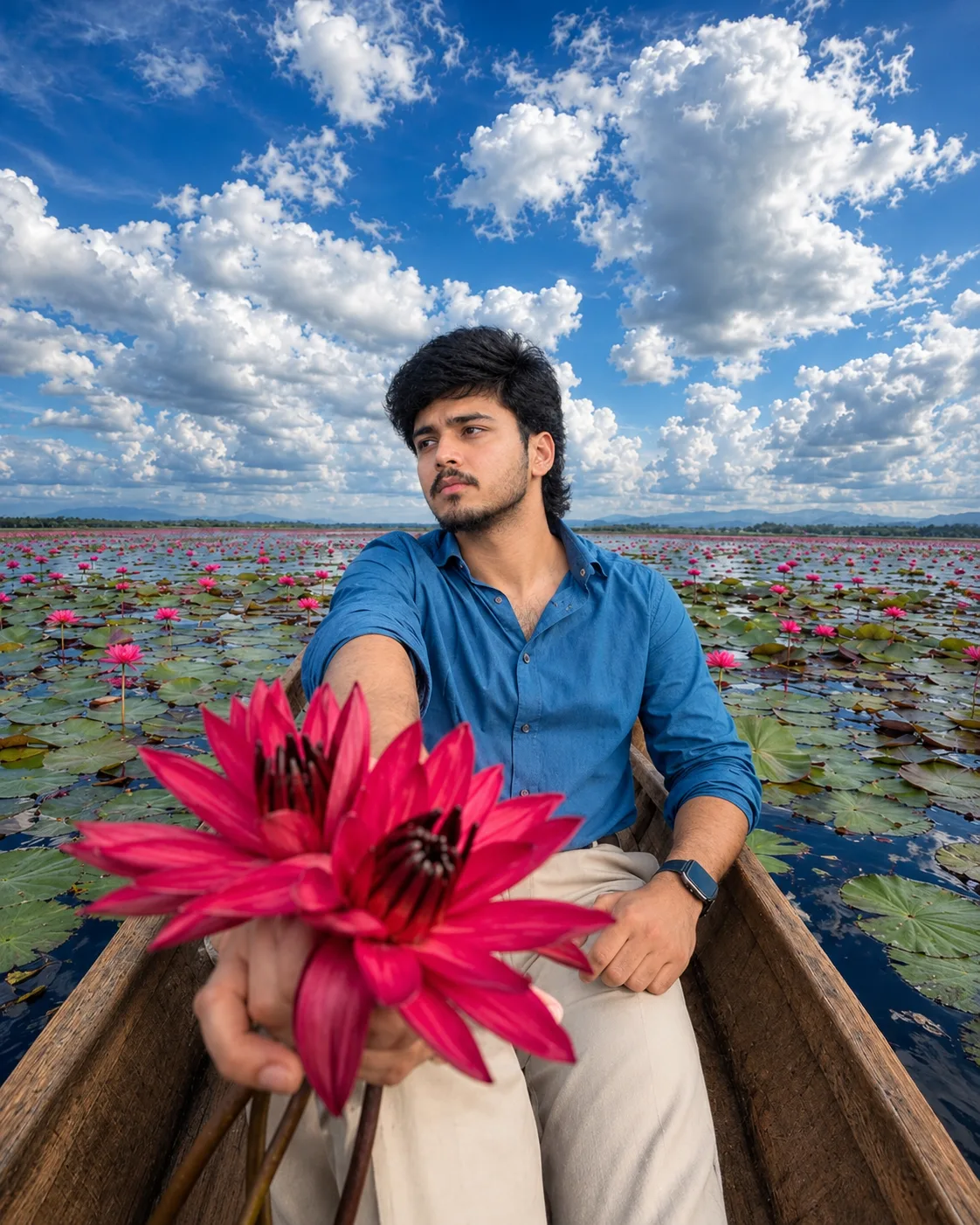 A cinematic, ultra-realistic photograph of a young man sitting peacefully in a traditional wooden boat floating through a vast lotus pond.
