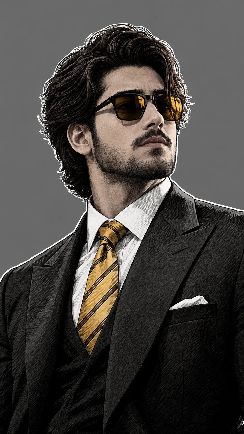 **Stylized semi-realistic digital illustration of a confident handsome young adult man in a sophisticated business suit, shown from the