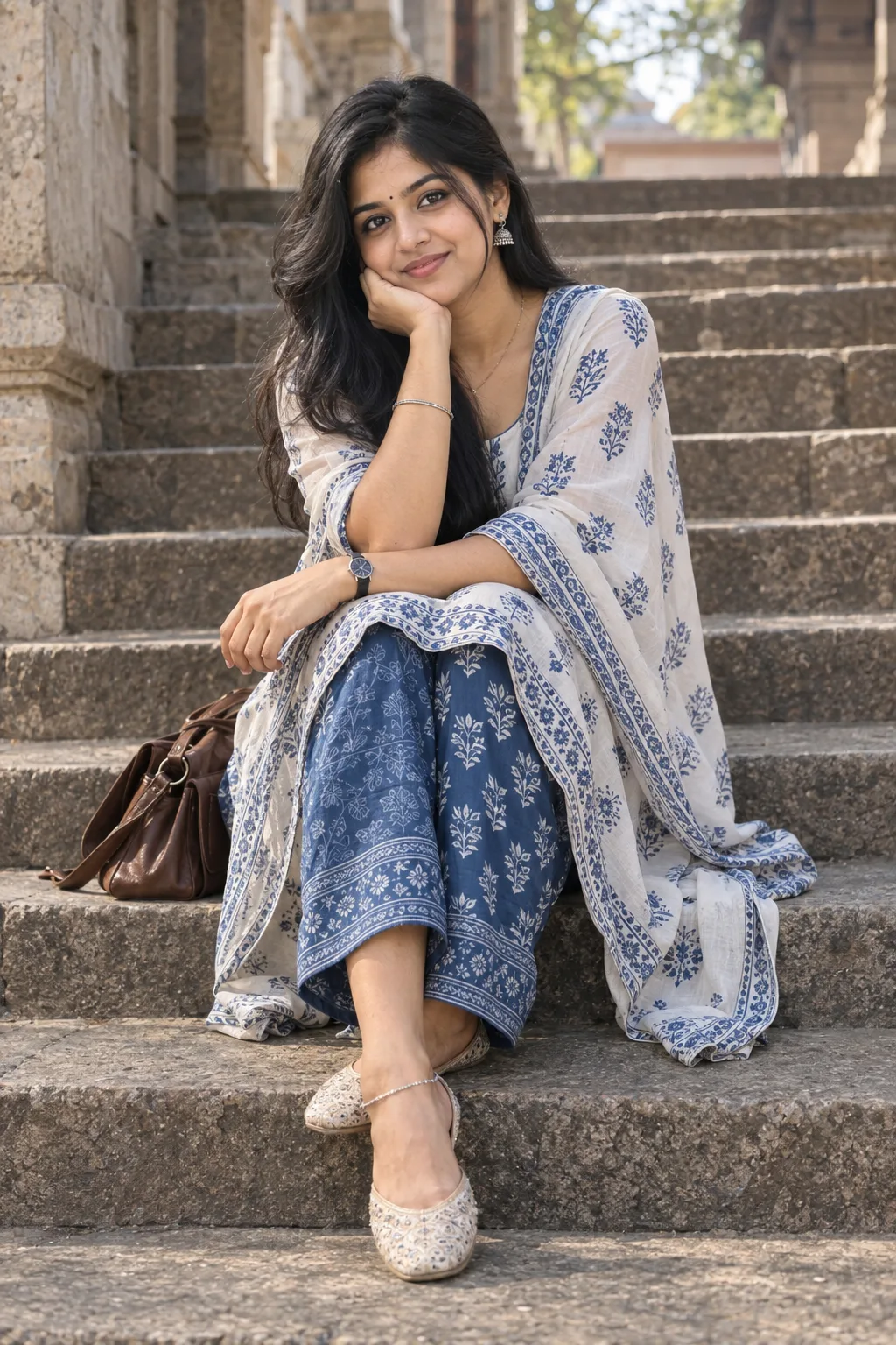 > Photorealistic cinematic full-body portrait of a young South Indian woman sitting gracefully on wide, aged stone steps, photographed