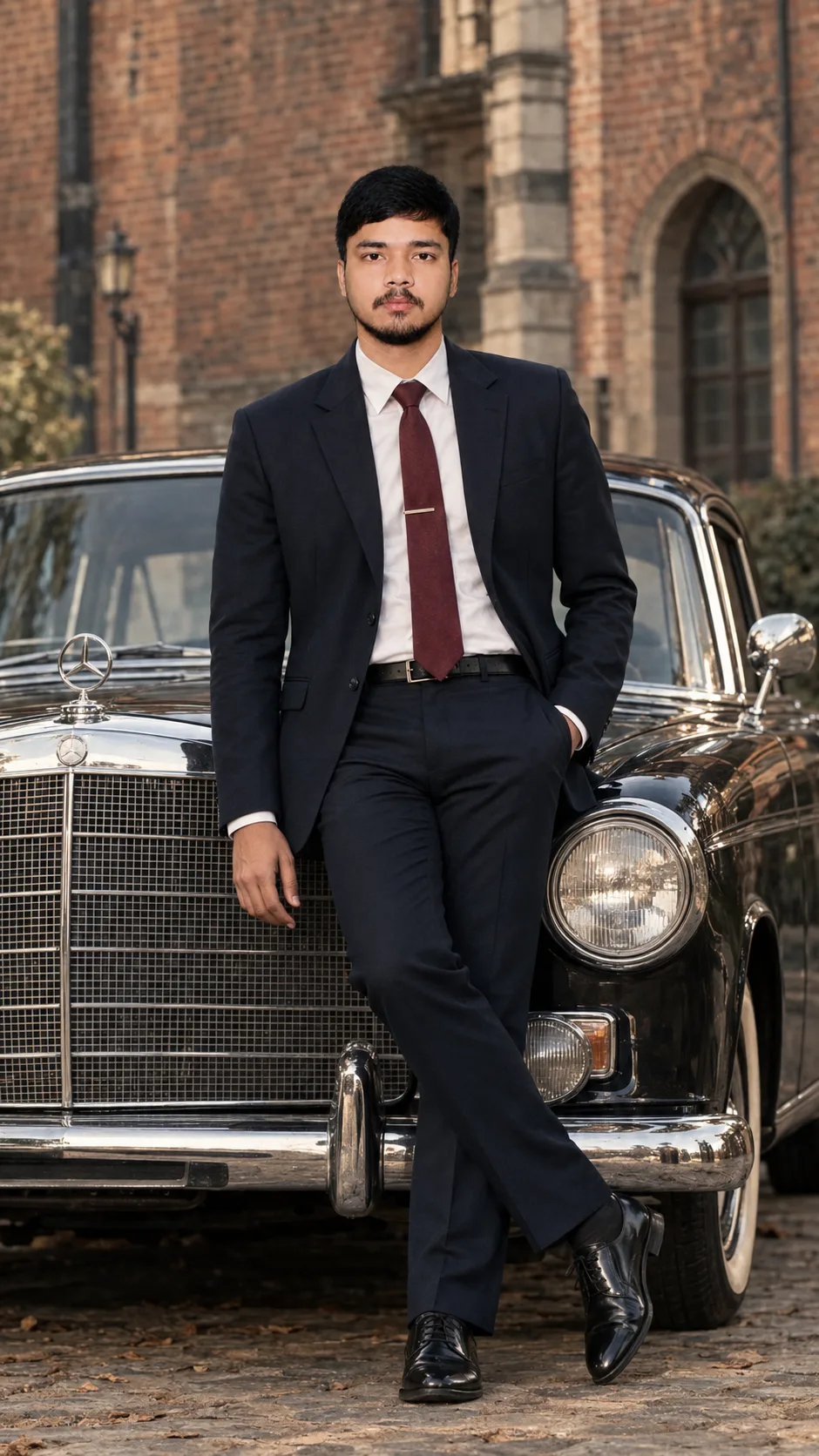 Create an ultra-realistic cinematic full-body fashion portrait of a young Indian gentleman standing confidently in front of a classic black