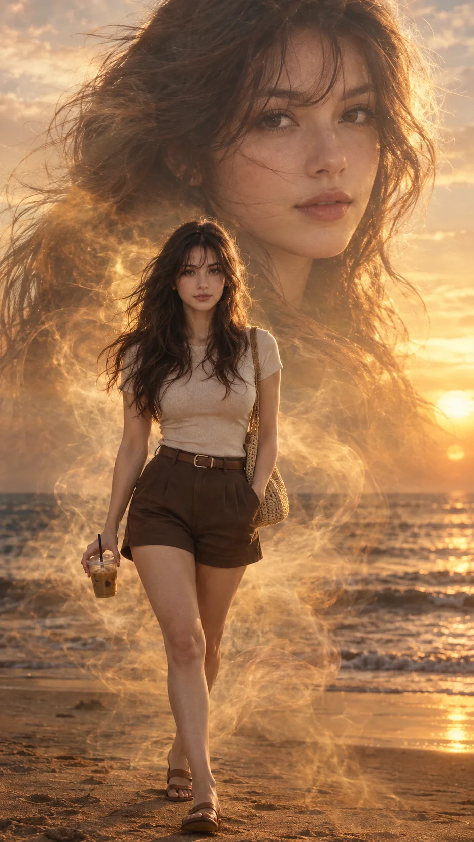 Prompt: Hyper-realistic IMAX-level Netflix-style cinematic double-exposure seaside portrait, 9:16 vertical.