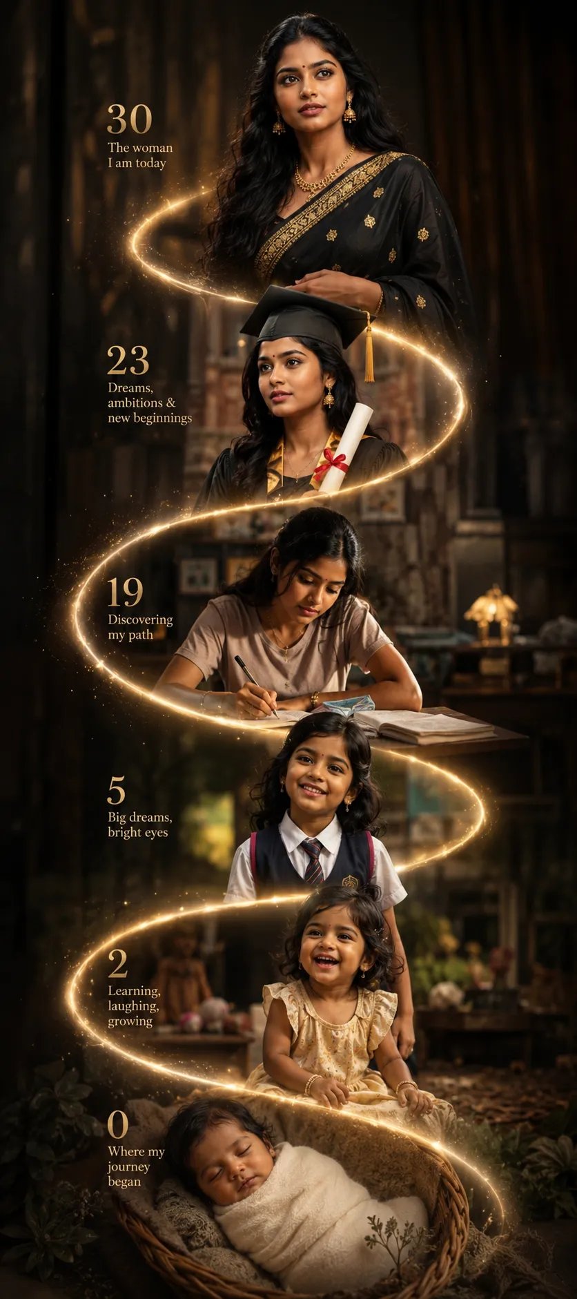 ✨ life Career step by step wow it's amazing 🥹💕 Prompt:👇 Create a vertical cinematic life journey portrait showing the same girl at 6