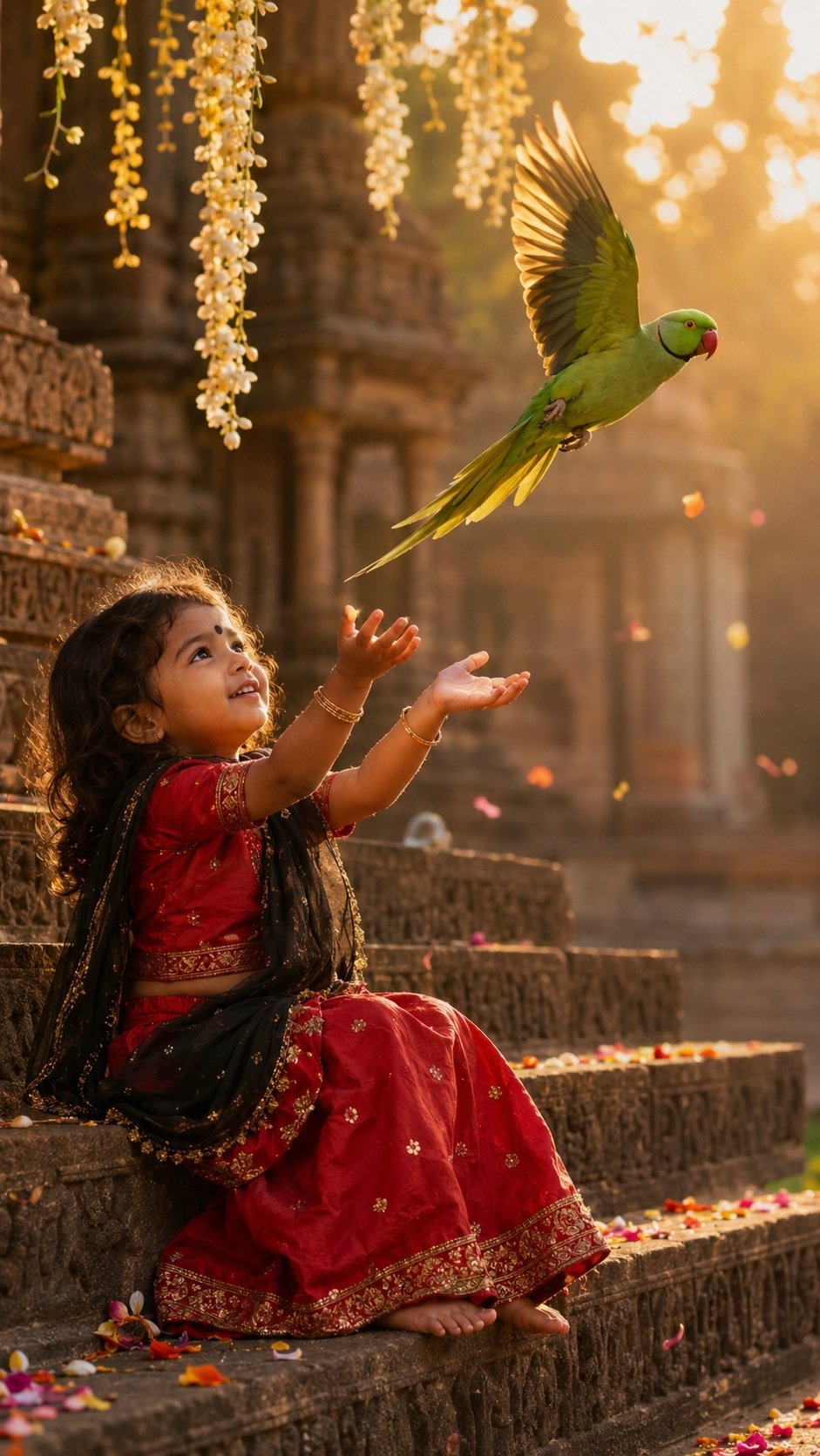 A smiling young Indian girl wearing a traditional Indian red silk lehenga with elegant gold embroidery, paired with a graceful black