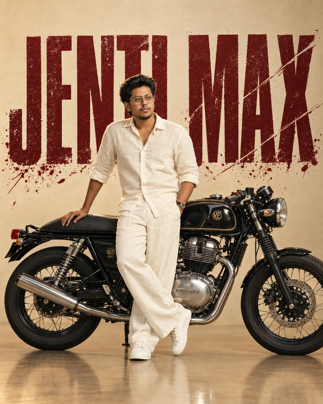 Create an ultra-realistic cinematic high-fashion editorial portrait of a stylish South Indian man casually leaning against a **classic
