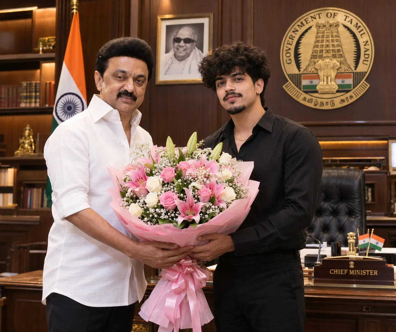 Ultra-photorealistic formal indoor portrait of two South Asian men standing together inside a prestigious government office.
