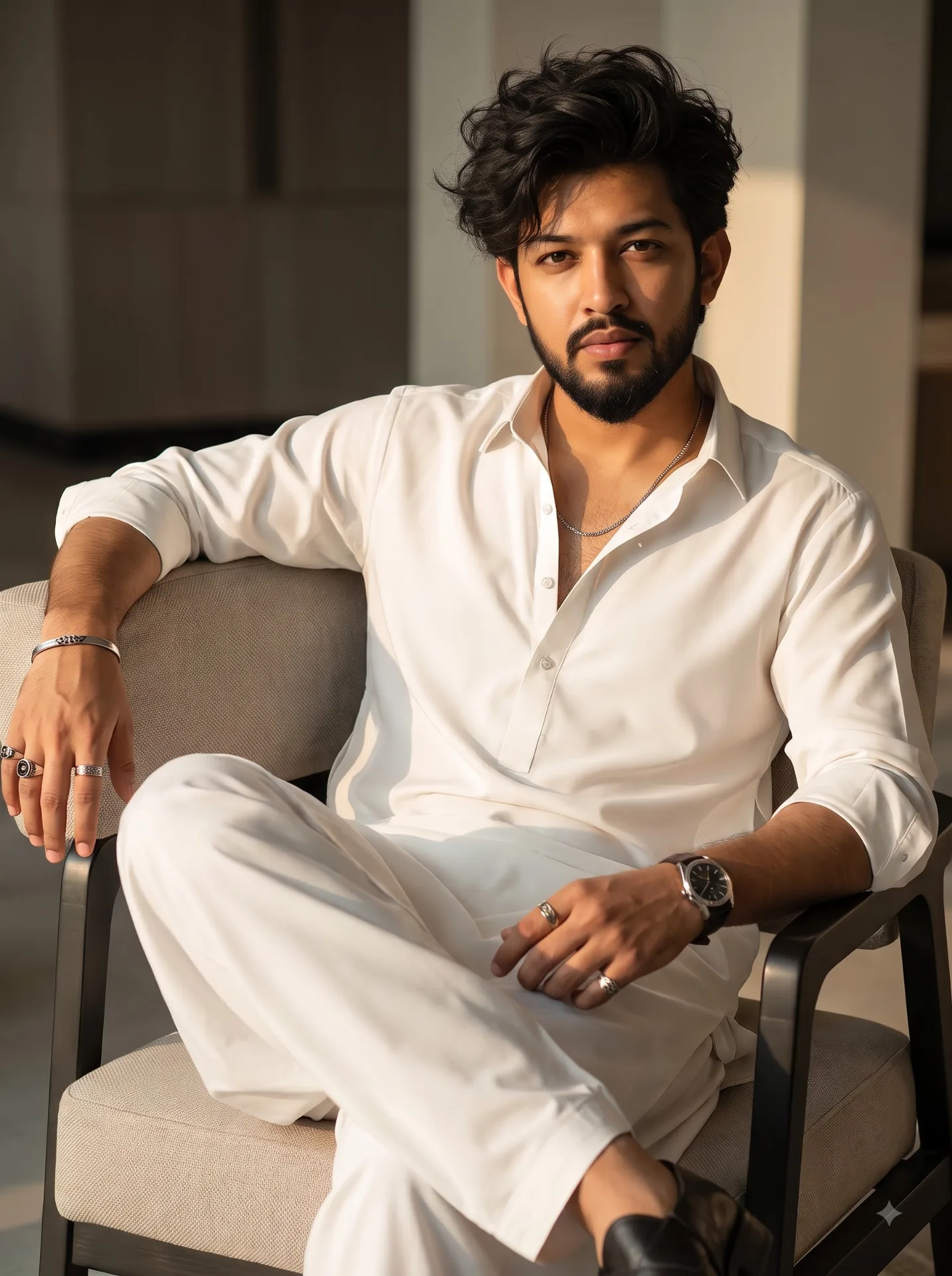 USE MY FACE AND CREATE A CINEMATIC PORTRAIT WITH MESSY HAIR WEARING WHITE SHALWAR KAMEEZ WITH TWO BUTTONS OPEN SEATED ELEGANTLY ON MODERN