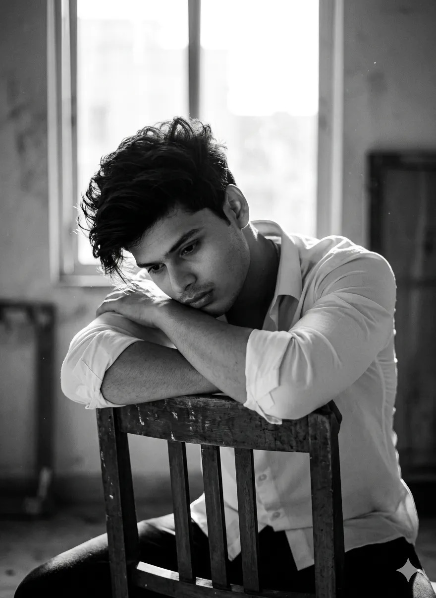 Ultra-realistic black and white cinematic portrait of a sad young man sitting on a wooden chair near a window, head resting on folded arms