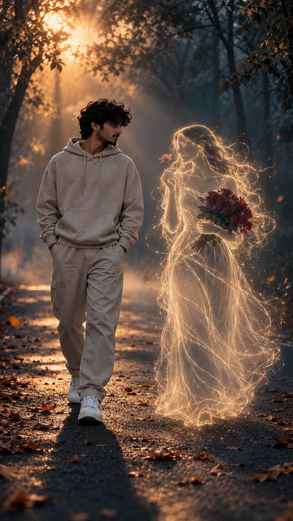 Photorealistic cinematic fantasy scene of a young Indian man walking along a peaceful tree-lined road during golden hour, accompanied by a