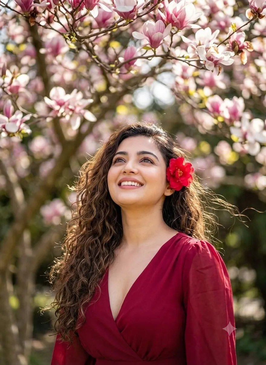 Ultra-realistic cinematic portrait of a beautiful young Asian woman standing beneath a blooming tree, wearing an elegant deep-red dress