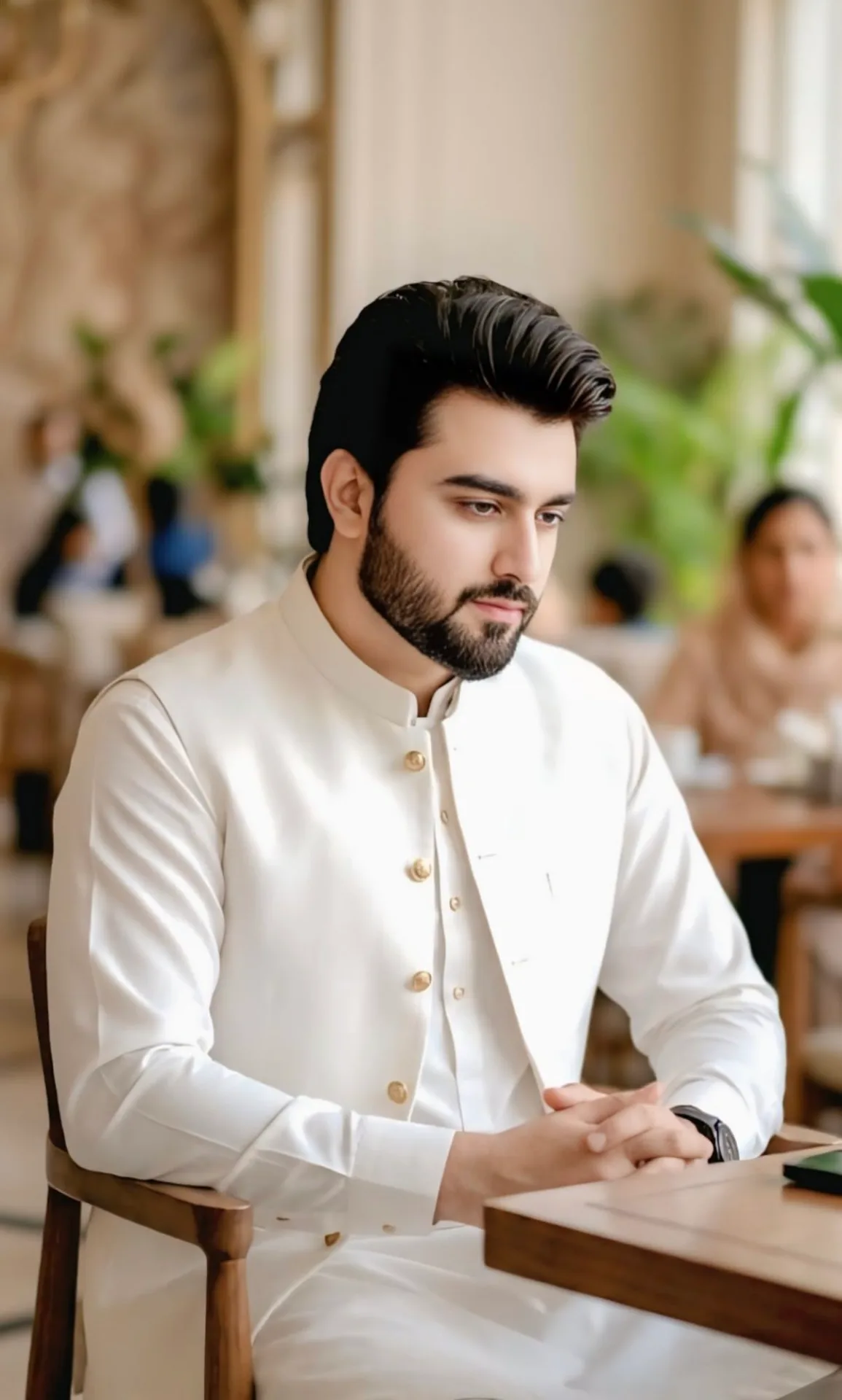 A high-quality, professional indoor portrait of a handsome South Asian man sitting at a wooden cafe table, looking down thoughtfully.