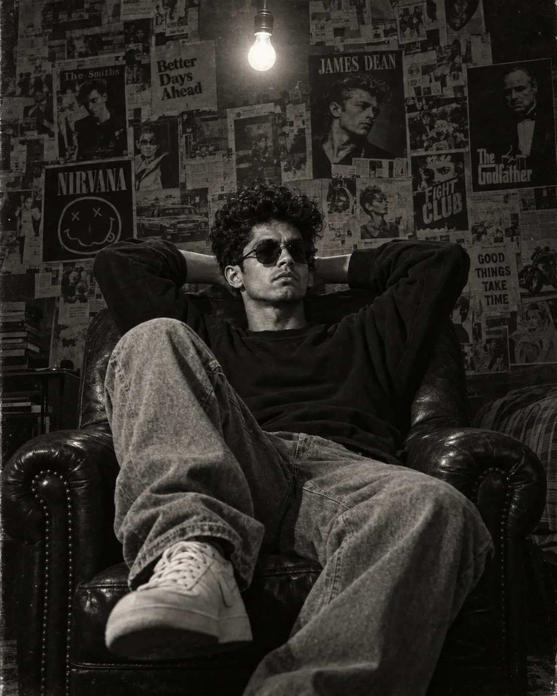 Create an ultra-realistic cinematic black-and-white editorial photograph of a young man relaxing deep inside a vintage dark leather