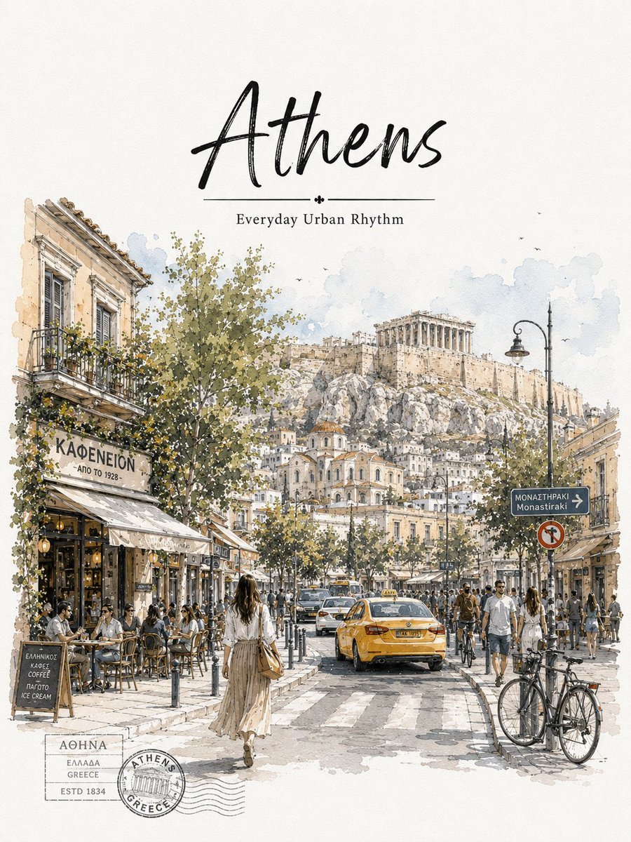 Created with GPT Image 2.0 on ChatGPT Prompt: Minimalist ultra-high-resolution travel sketch poster of Athens, Greece, on clean white