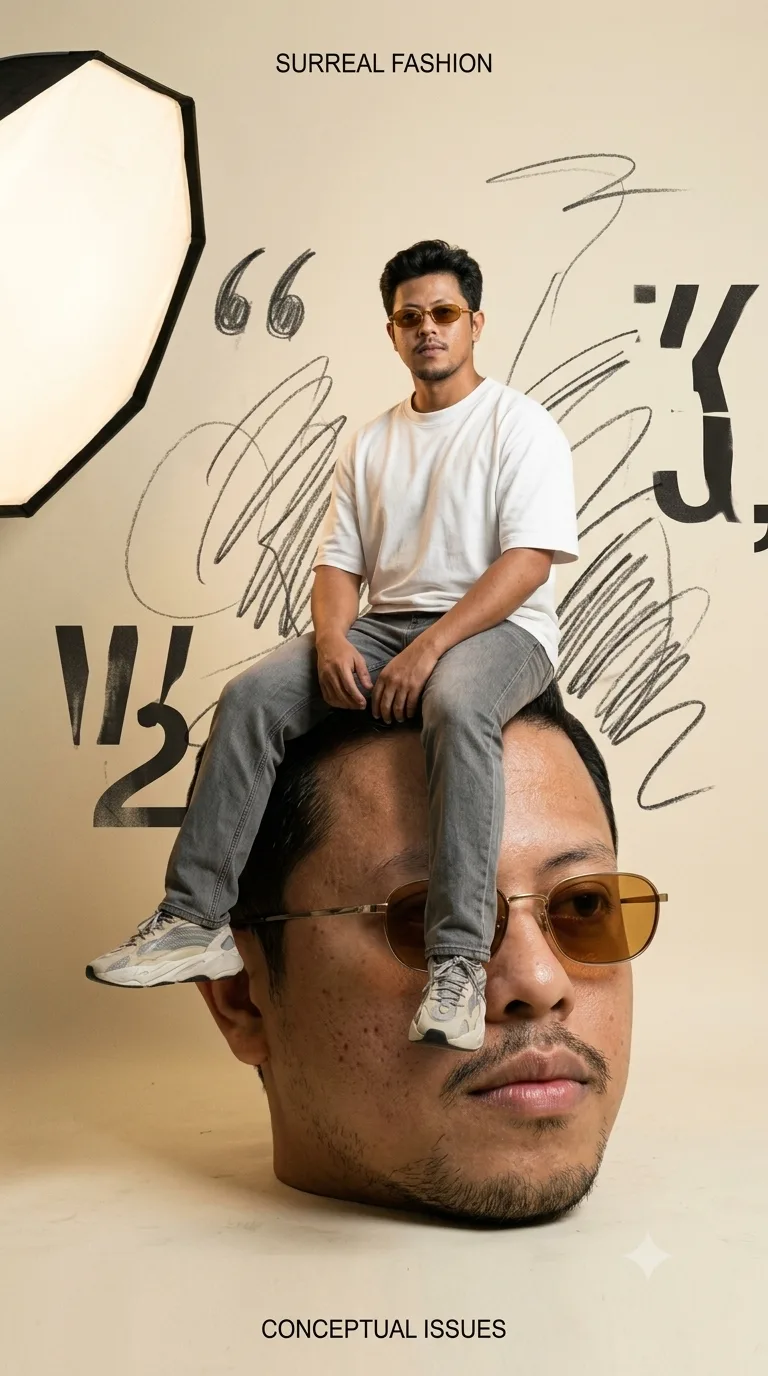 PROMPT Surreal high-fashion studio editorial portrait designed like an avant-garde independent magazine cover, using my reference photo as
