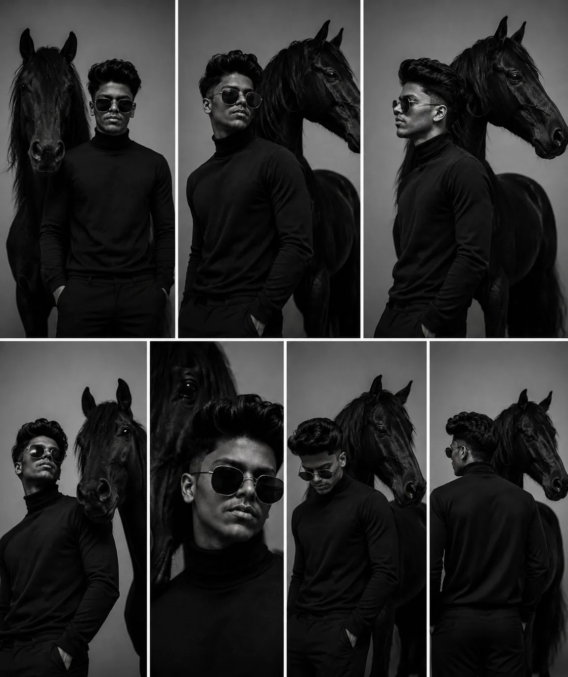 Create an ultra-realistic cinematic 7-angle portrait collage of the SAME young South Asian male, keeping his facial identity, hairstyle,