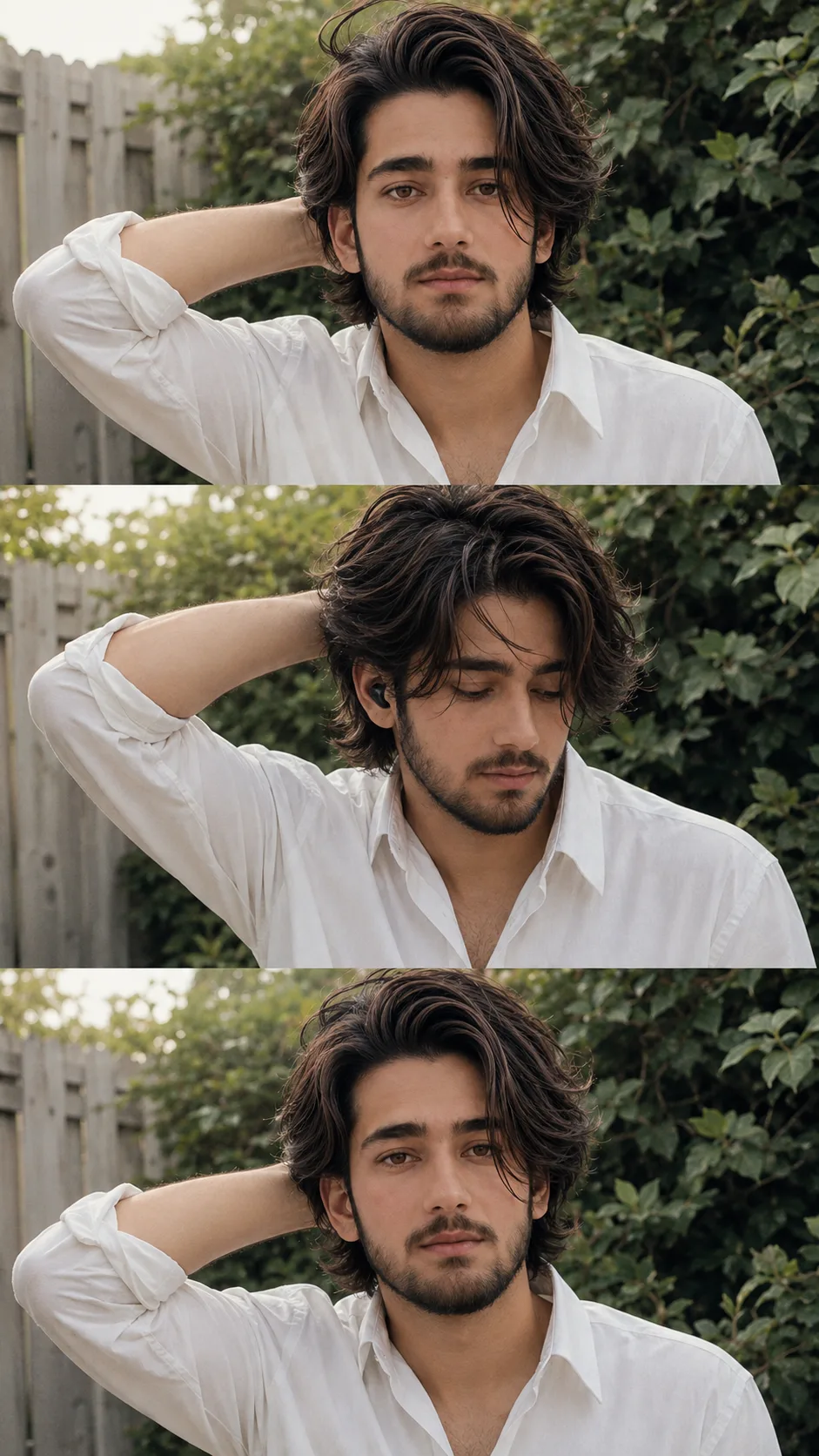 A cinematic three-panel vertical photo collage featuring the same handsome young adult man outdoors in a quiet suburban garden.