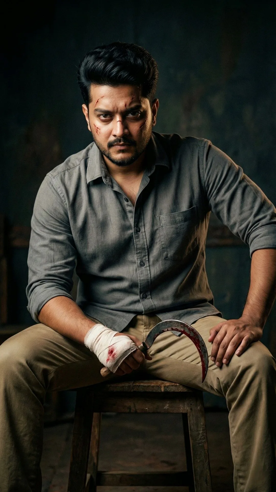 An absolute visual masterpiece, hyper-photorealistic and ultra-detailed vertical cinematic portrait capturing a powerful South Asian action