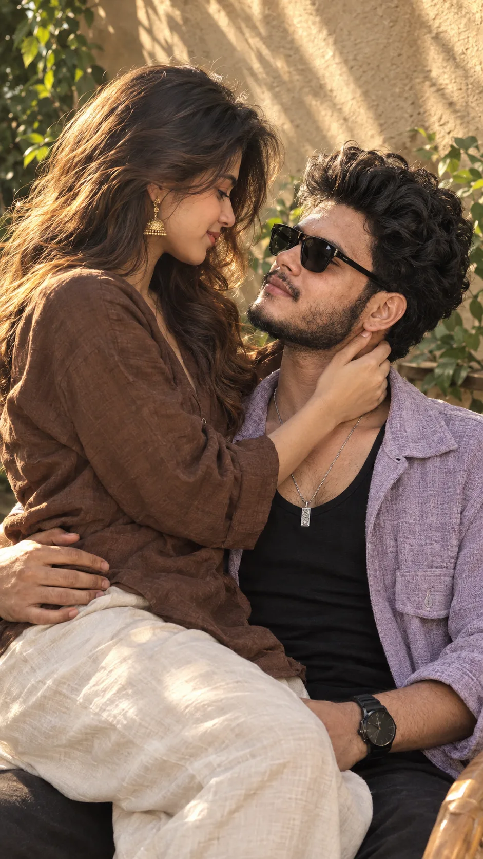 Prompt: Cinematic close-up portrait of a young Indian couple in a tender, intimate outdoor moment under soft golden sunlight.