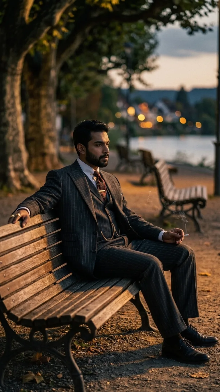 A cinematic twilight portrait photograph of a sharply dressed man with a groomed beard, wearing a charcoal pinstripe three-piece suit, a