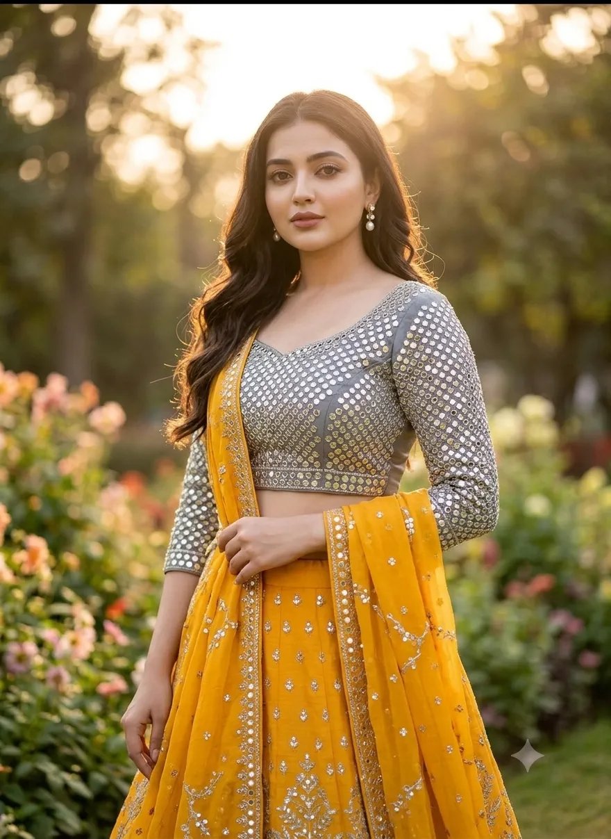 Make She is wearing an elegant traditional lehenga choli: the blouse (choli) has three-quarter sleeves and is heavily embellished with