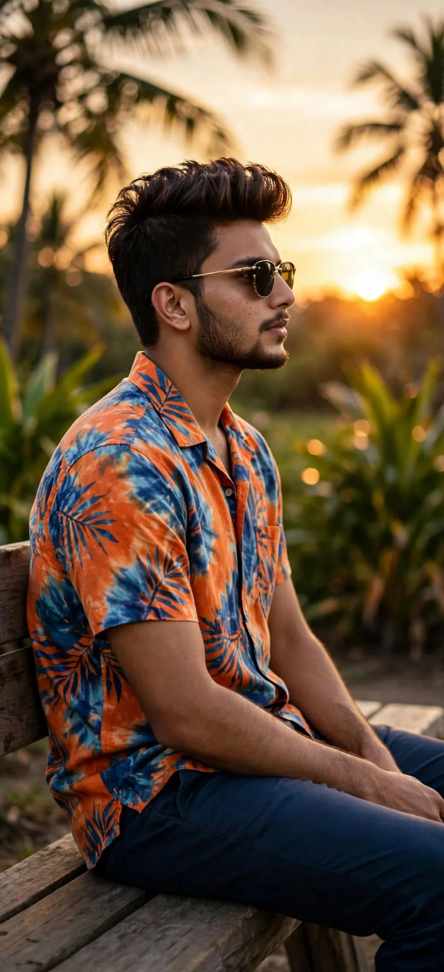 A handsome young Indian man with a stylish pompadour haircut and trimmed beard, wearing black sunglasses with gold frame, an orange and