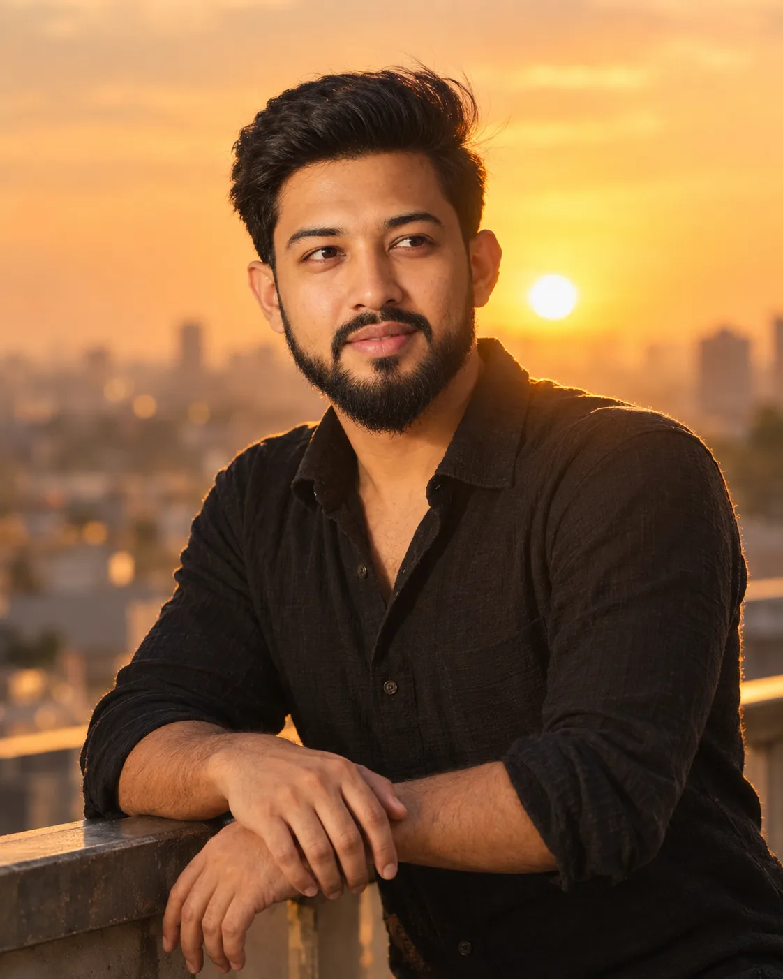 Cinematic golden-hour portrait, man standing at a rooftop railing, half turned toward the setting sun.
