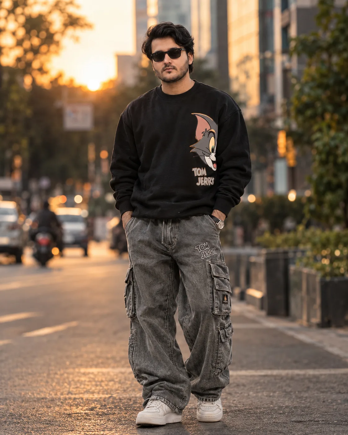 A photorealistic full-body editorial fashion portrait of a young South Asian man with black textured voluminous up hair cut, wearing black
