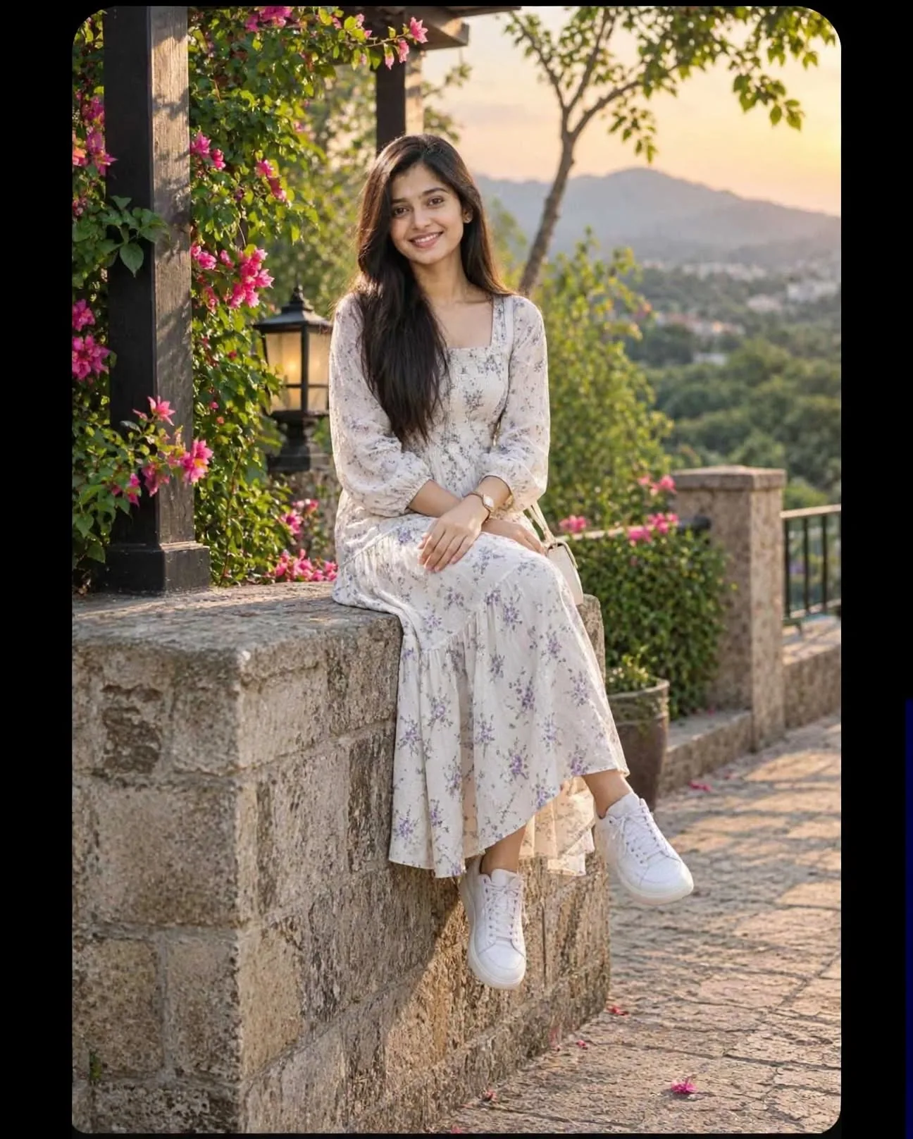 A beautiful young woman with long dark brown hair, wearing a light cream floral tiered maxi dress with square neckline and puffed 3/4