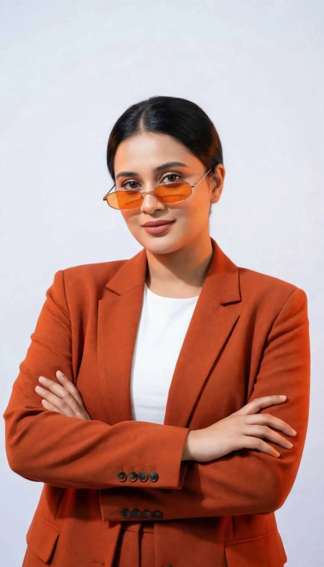 Studio portrait of a confident young woman with sleek tied-back black hair, wearing a rust-orange blazer over a white top and small oval