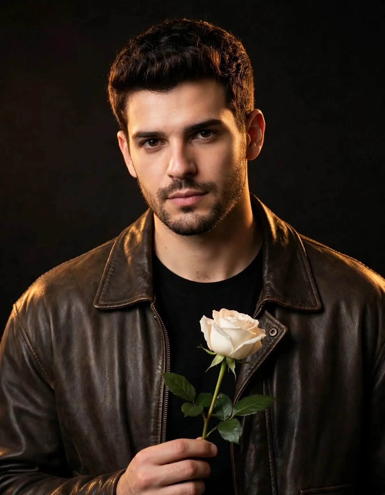Cinematic full-body studio portrait of a handsome young man with short dark hair and light stubble, wearing a vintage brown leather jacket,