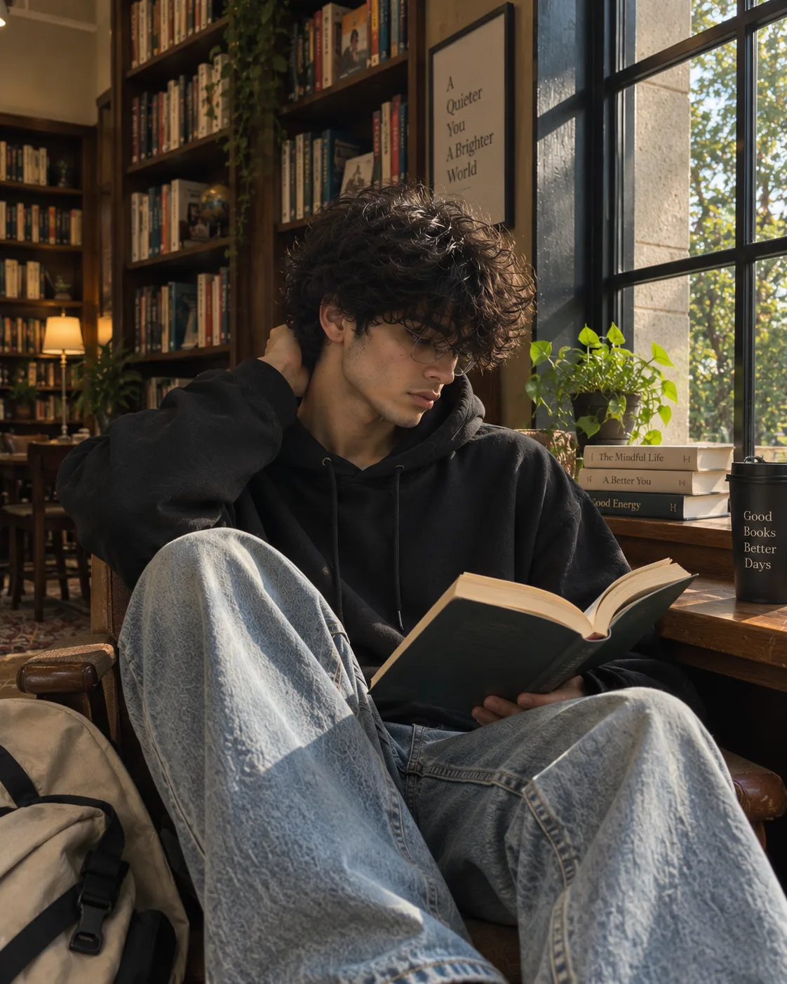 A cinematic, intimate lifestyle portrait of a young man sitting quietly indoors while reading a book beside a large window.