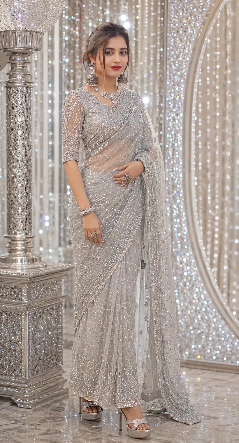 Prompt ⤵️ 💫 Create A beautiful young woman is wearing an elegant net zarcon heavy silver saree with a sleeve blouse featuring zircon stone