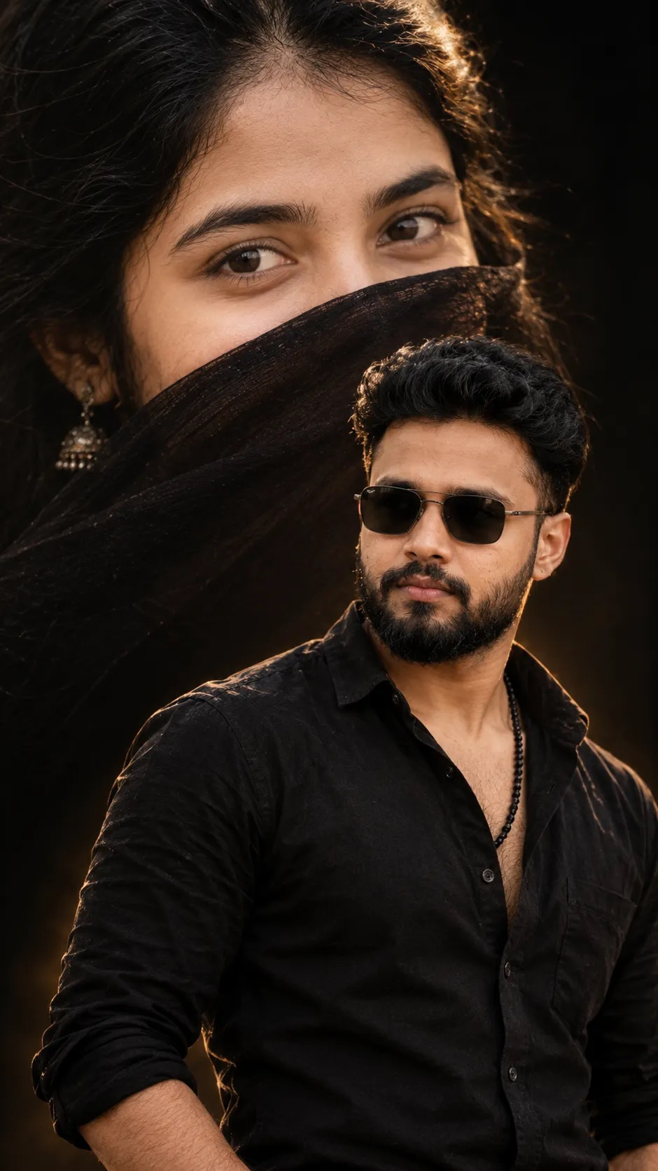 ULTRA-REALISTIC CINEMATIC COUPLE PORTRAIT — VERTICAL 9:16 Use the uploaded male photo as the ONLY identity reference for the man.