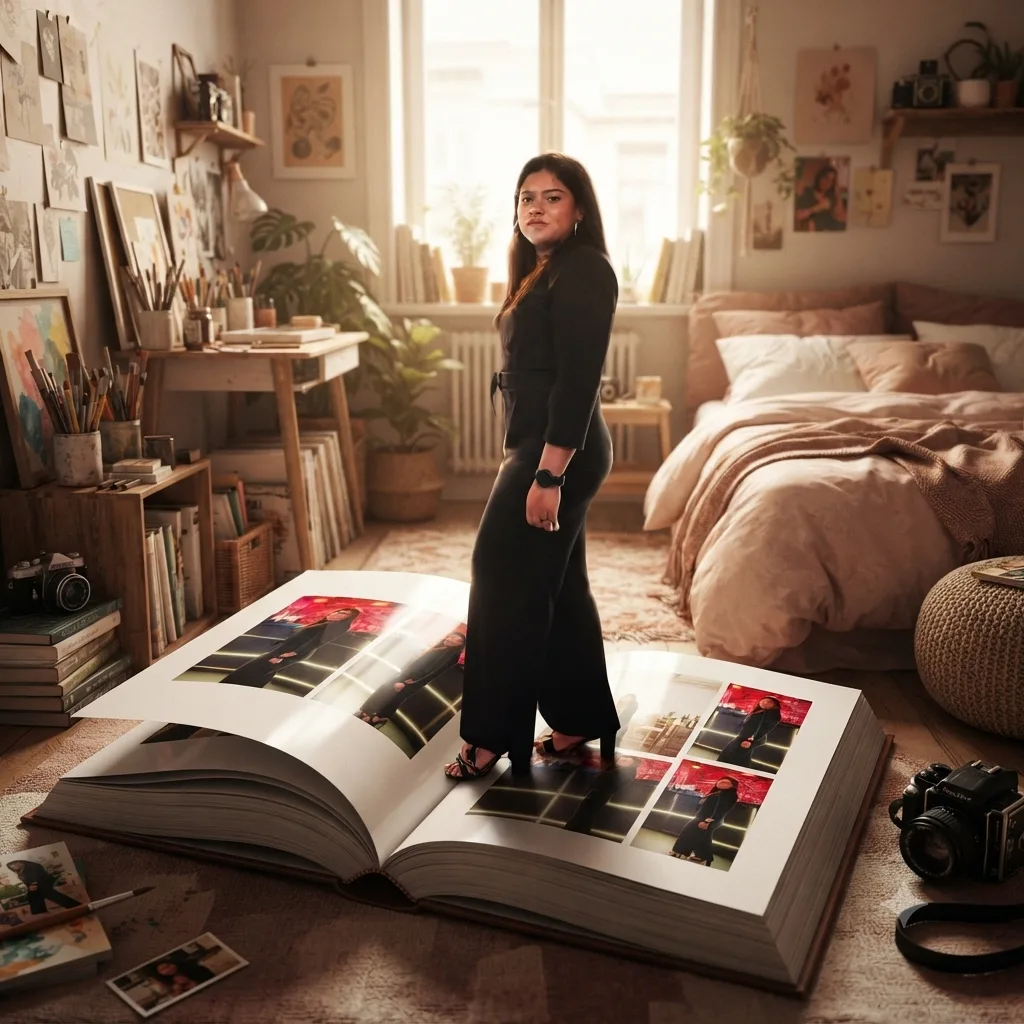 Create an ultra-realistic cinematic editorial photograph of the same woman from the reference image, preserving her exact facial identity,