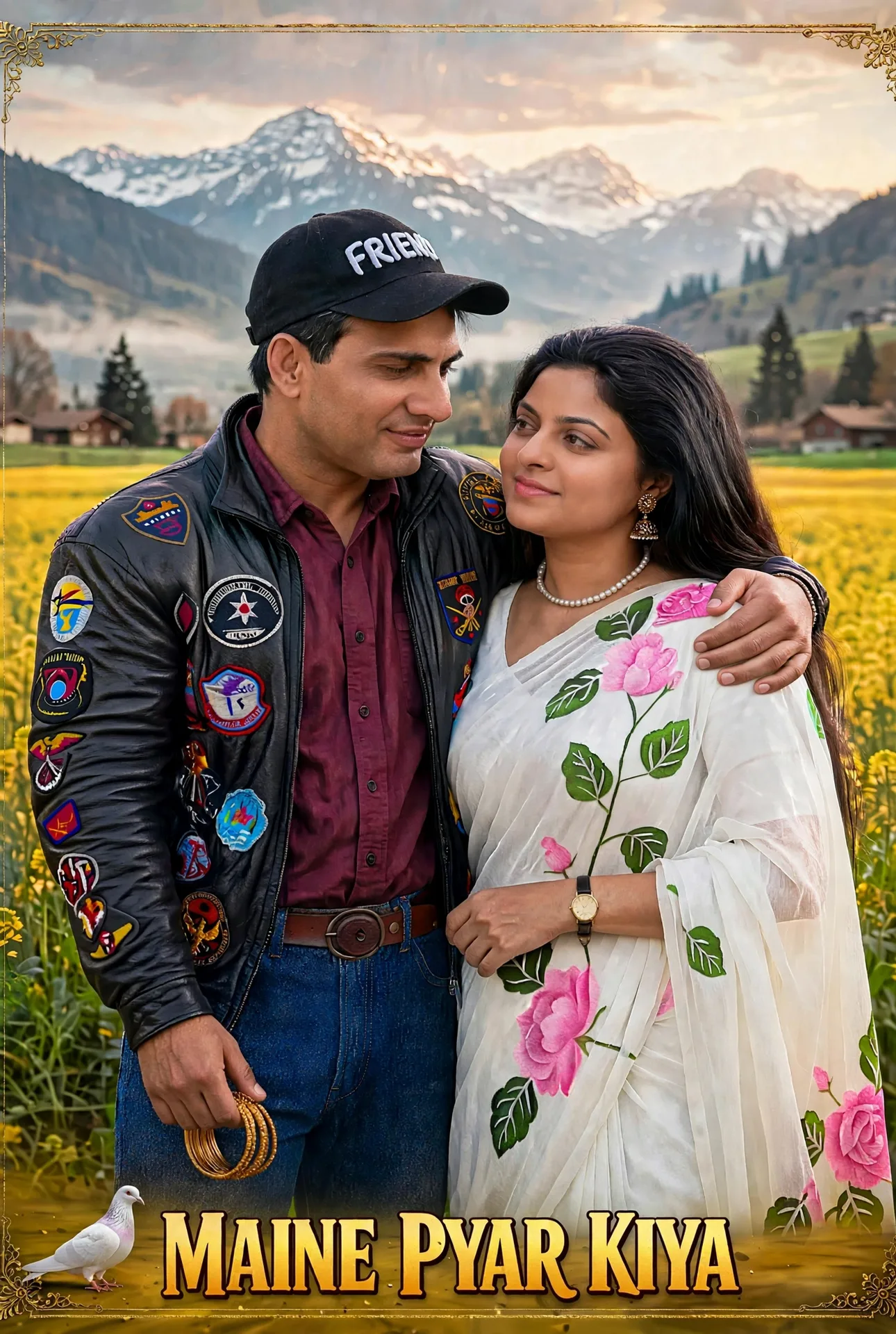 A romantic couple poster "MAINE PYAR KIYA" - Man: black FRIEND cap slightly high on head, black leather bomber jacket with colorful