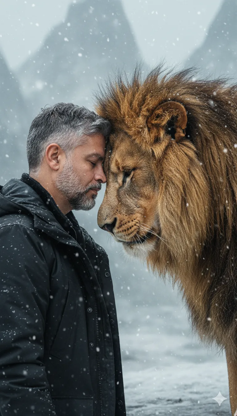 Create a realistic and emotional scene showing a man (use the provided image for accurate facial features) and a lion face to face in a