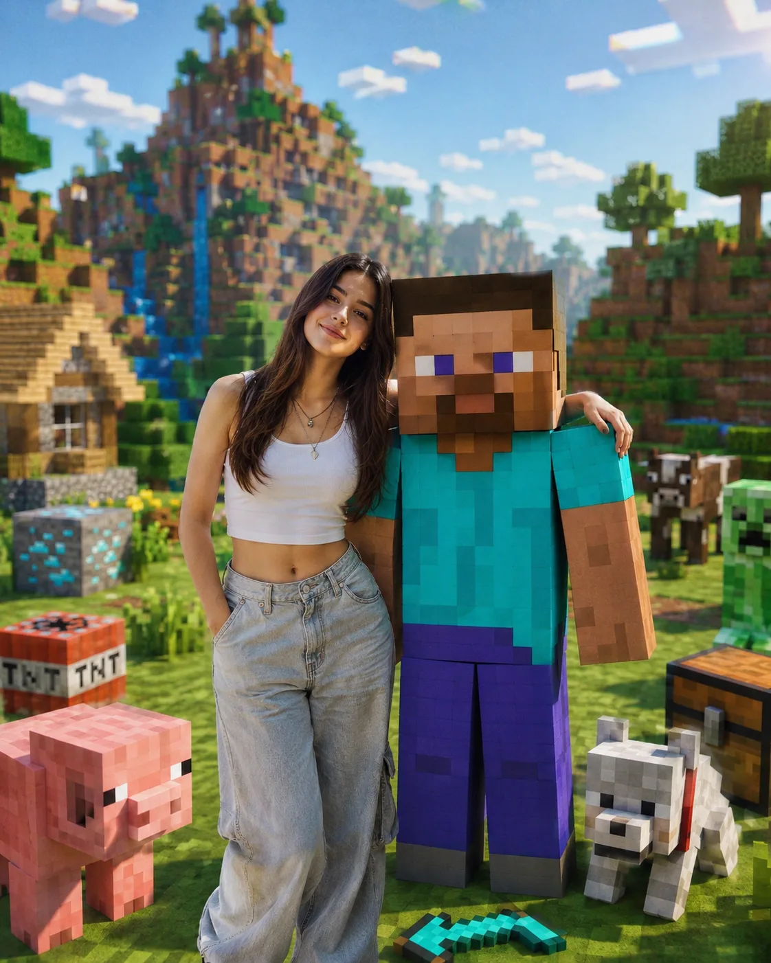 Create a highly realistic portrait of a real person standing naturally beside a life-sized version of their favorite fictional character,