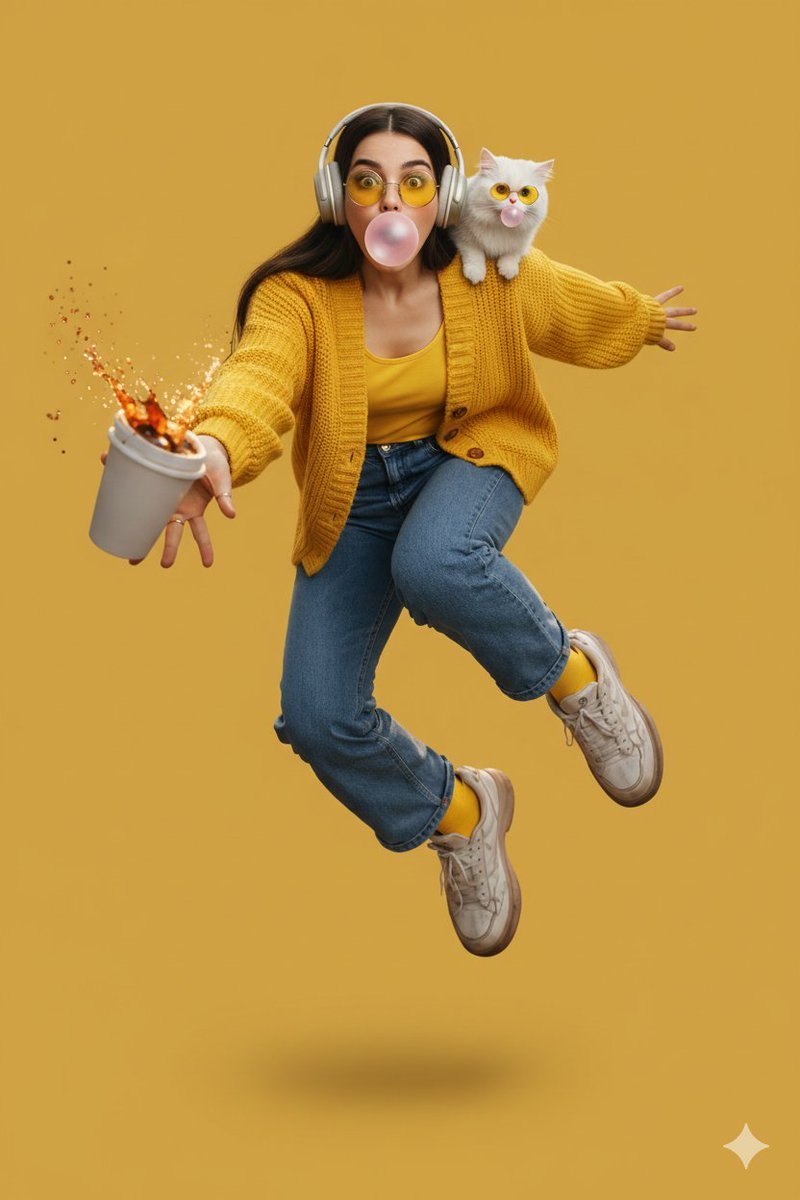 A playful, surreal studio portrait of a young woman mid-jump against a solid mustard-yellow background.