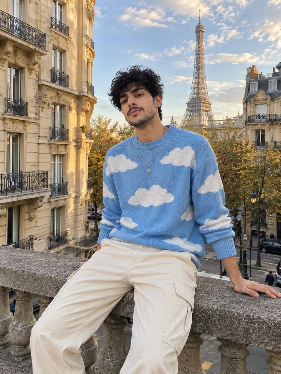 Ultra-realistic smartphone travel portrait of a young man sitting casually on a stone railing in the Paris streets during late afternoon.