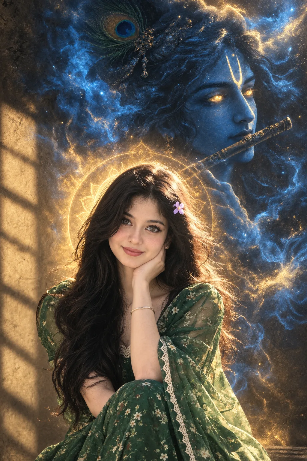 A hyper-realistic cinematic portrait of a serene modern woman with a calm, meditative expression and deep, soulful eyes.