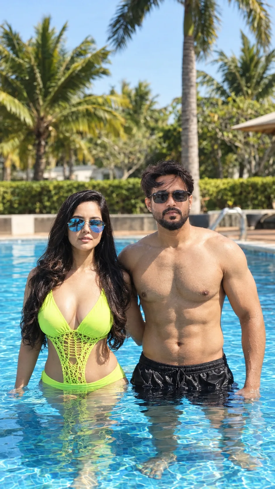 Create an ultra-photorealistic, high-end cinematic vertical 9:16 couple vacation photograph, closely recreating the uploaded reference