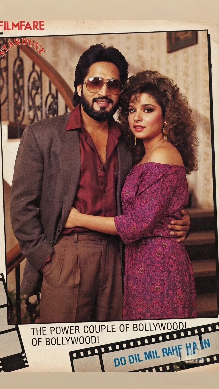Create a 1980s Bollywood retro-style vintage magazine portrait of an Indian couple posing together indoors near a staircase.