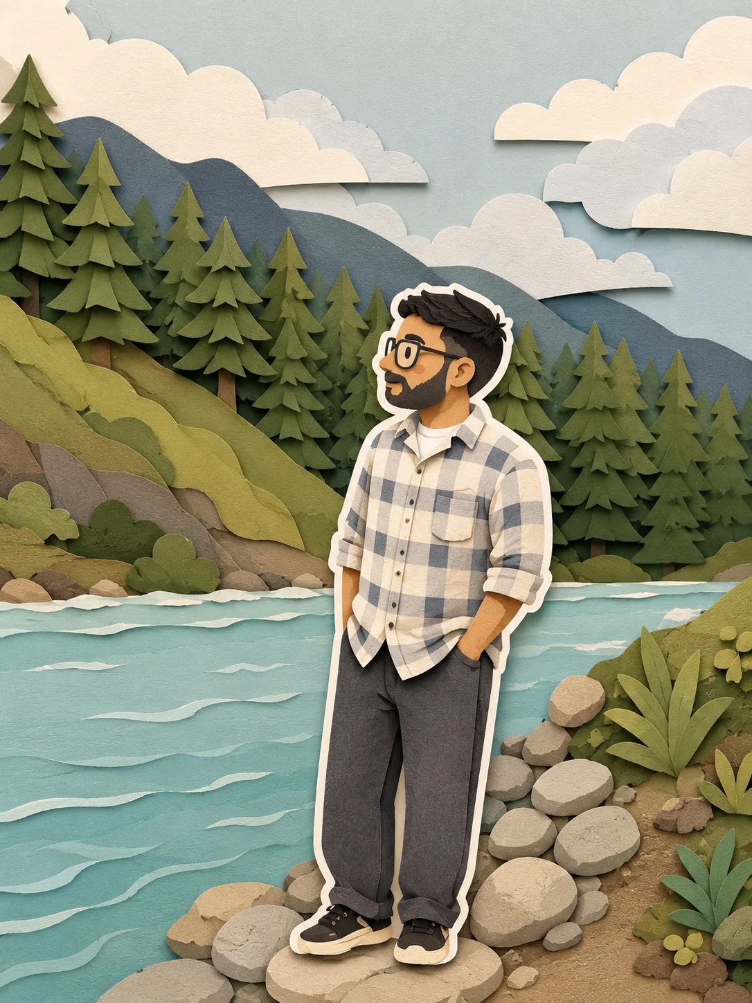 Convert this image into a soft, handcrafted paper-cut layered illustration style, inspired by papercraft diorama aesthetics.
