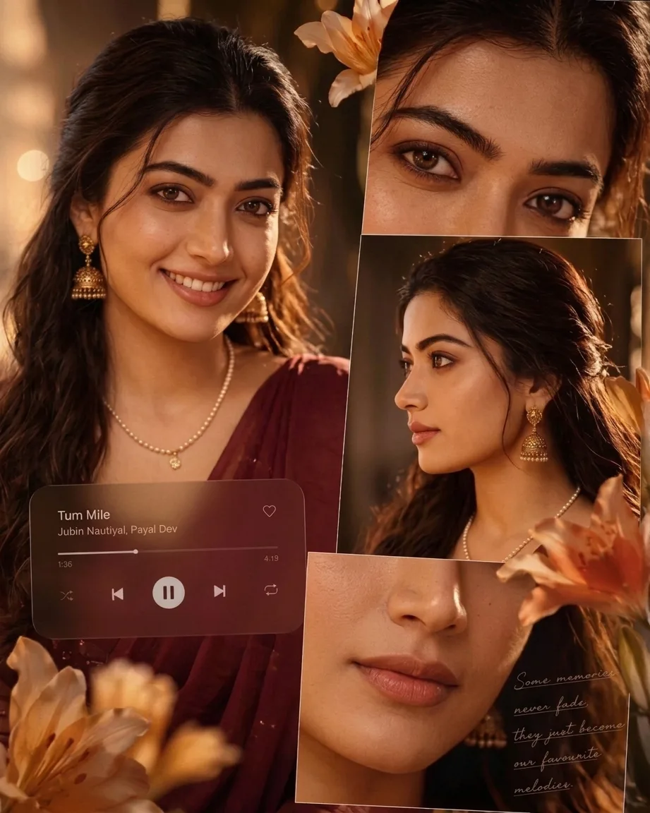 An aesthetic photo collage composition featuring a beautiful young Indian woman with long dark wavy hair in traditional maroon saree and
