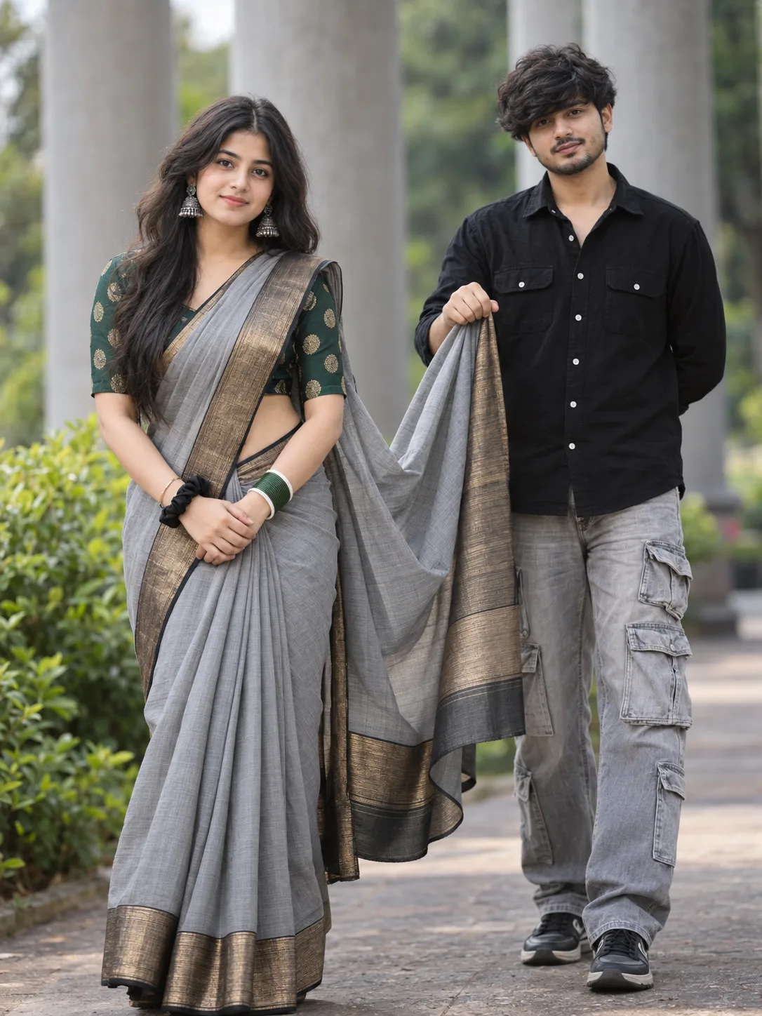 An ultra-realistic, photorealistic cinematic photograph of a young Indian woman in the foreground on the left and a young Indian man